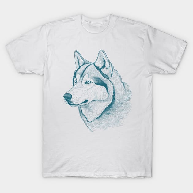 Alaskan Malamute Dog Minimalistic Blue Line drawing T-Shirt by Danielleroyer